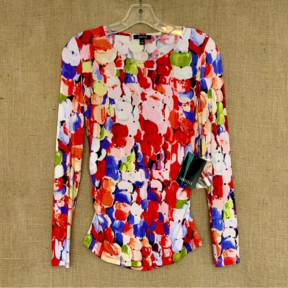 CARLISLE Floral Print Top Long Sleeves Multicolor Red White Purple Small NWT